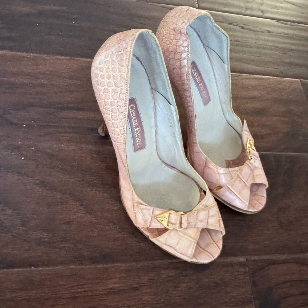 Cesare Paciotti Tan Textured Peep Toe Heels